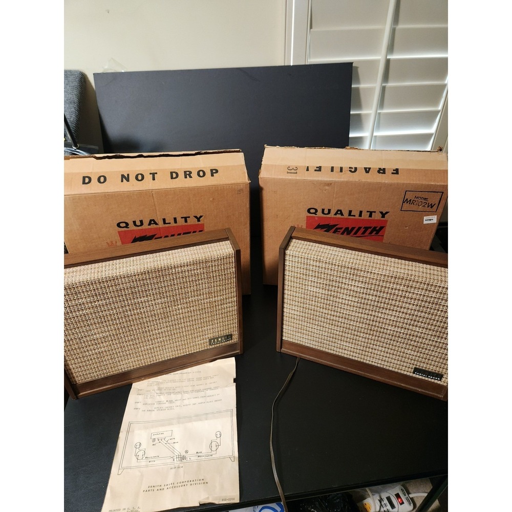 Zenith MR-102 Vintage Radial Speaker Pair Stereophonic Wood MCM with Boxes